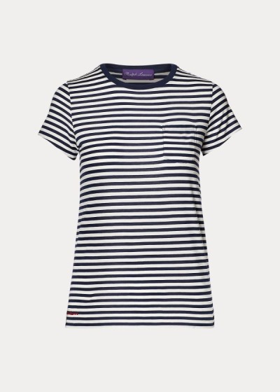 Playeras Ralph Lauren Mujer Azul Oscuro Marino / Blancos - Striped Crewneck Pocket - VNFDI2179